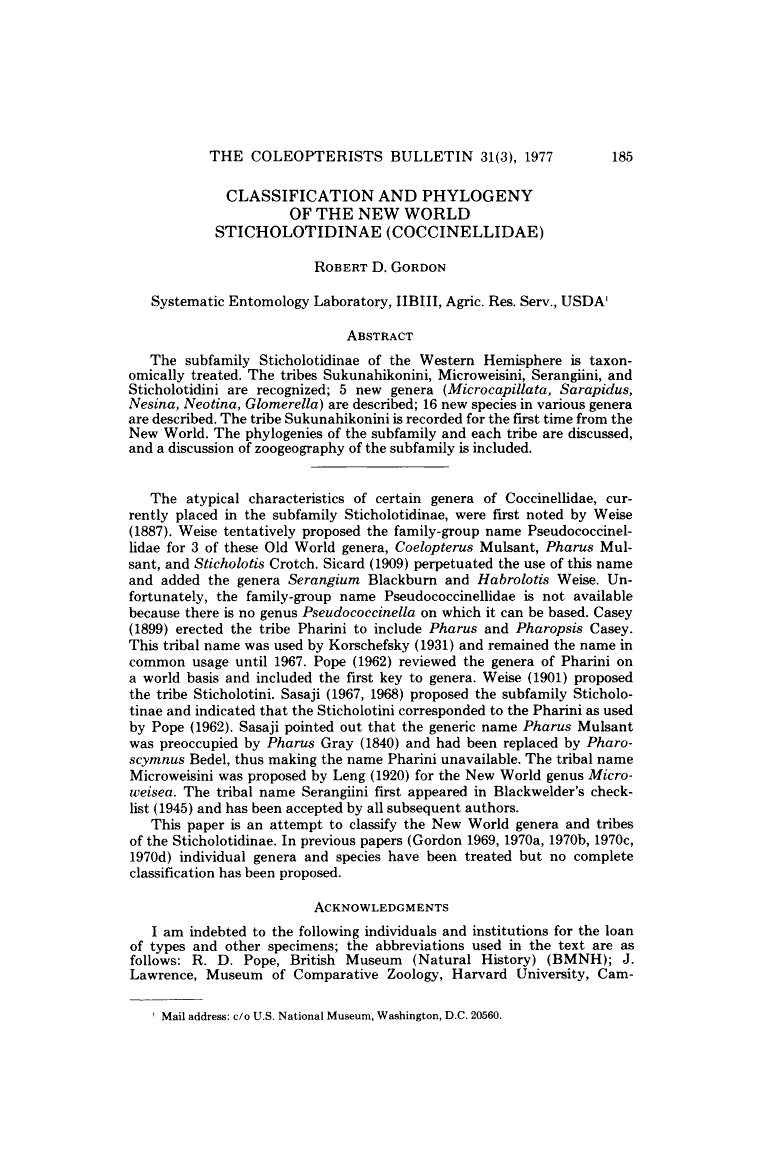 Classification and Phylogeny of the New World Sticholotidinae (Coccinellidae)